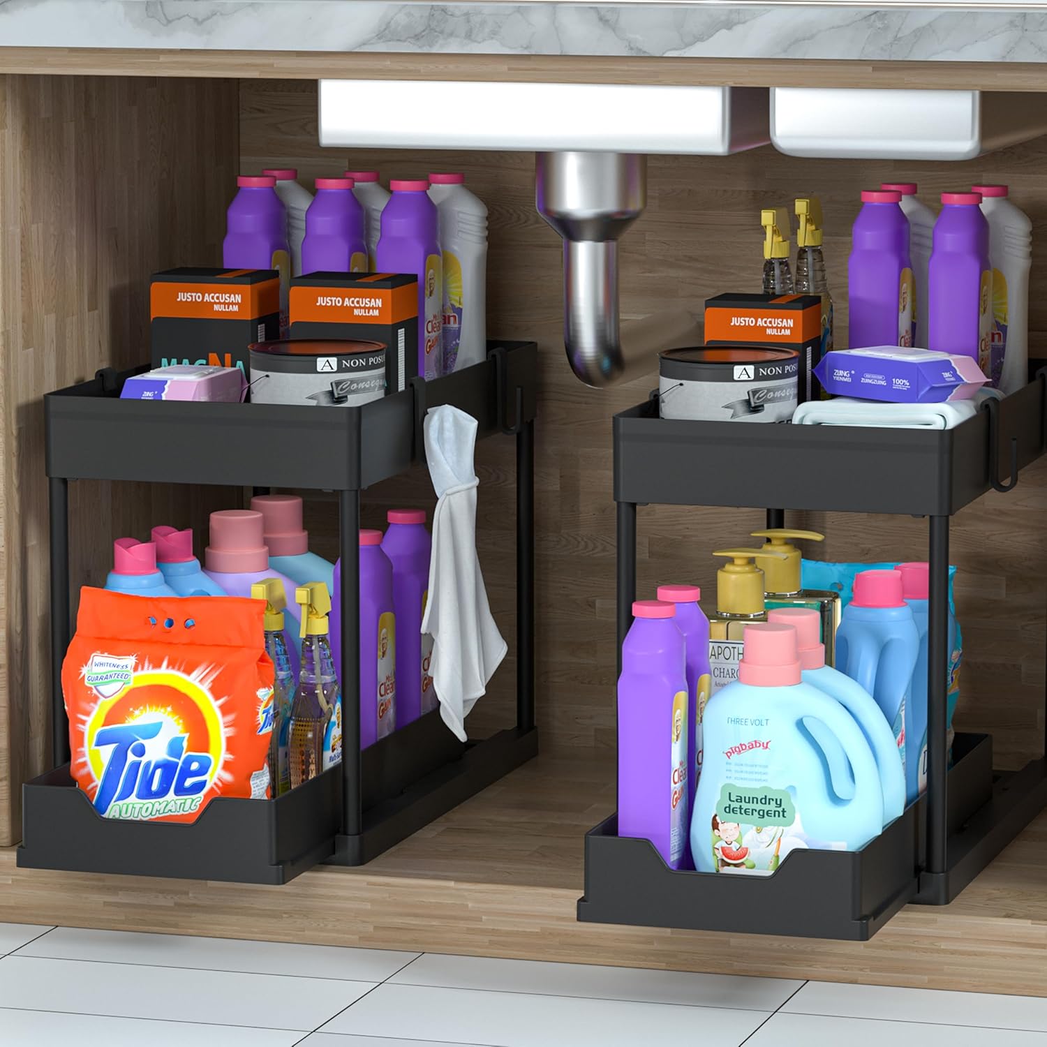 Under sink storage for cleaning supplies and household essentials