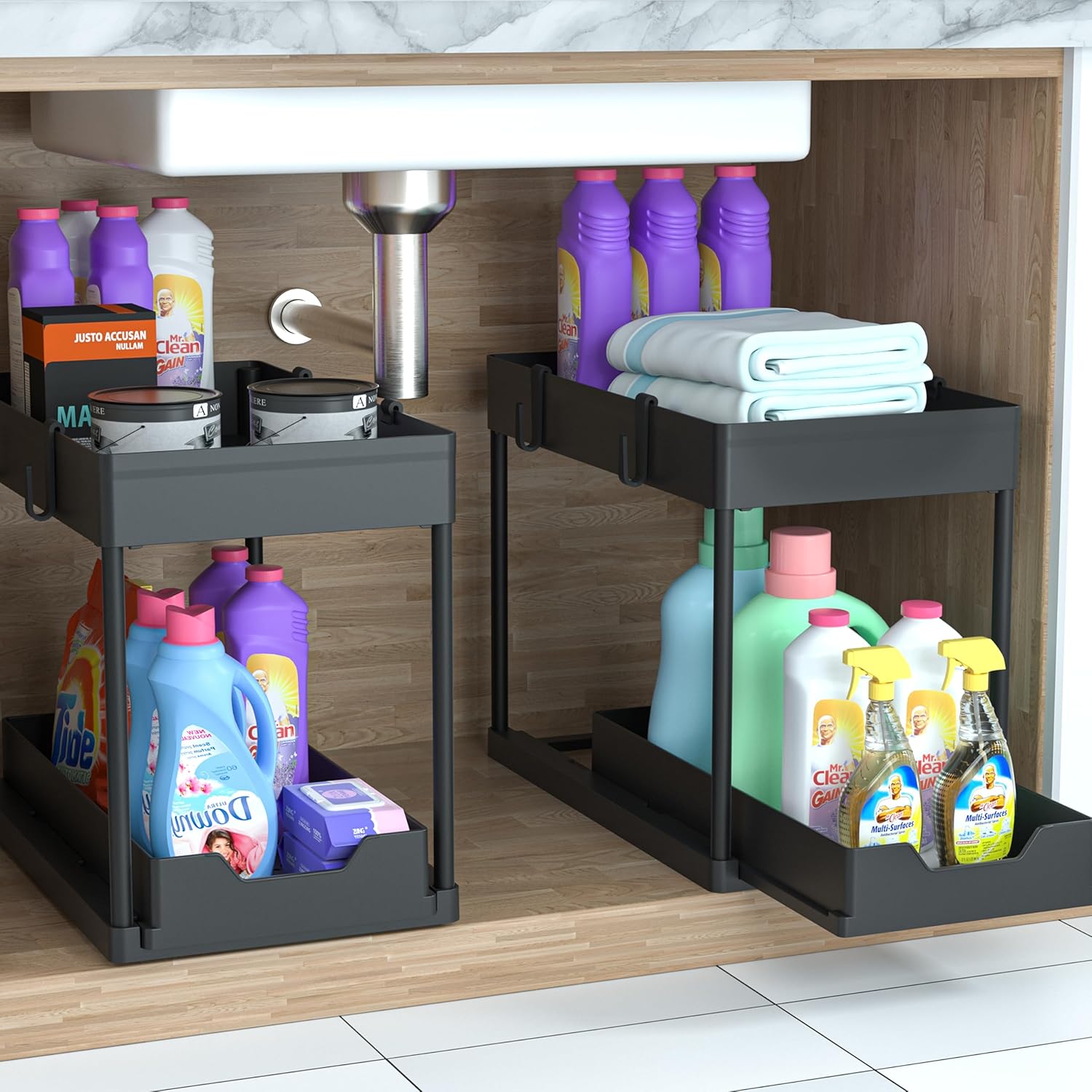 Kitchen and pantry organizers for sauces, spices, jars, and daily items
